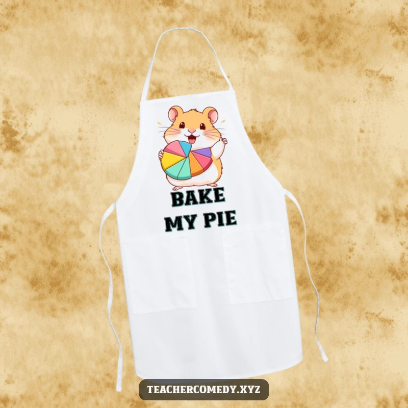 Funny hamster character enthusuastically presenting a colorful pie chart, great funny apron.