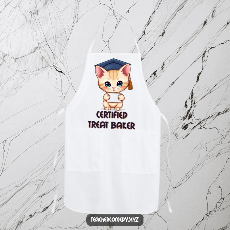 Funny apron featuring a graduate kitten with a diploma, perfect for kitchen fun. A great gift.
