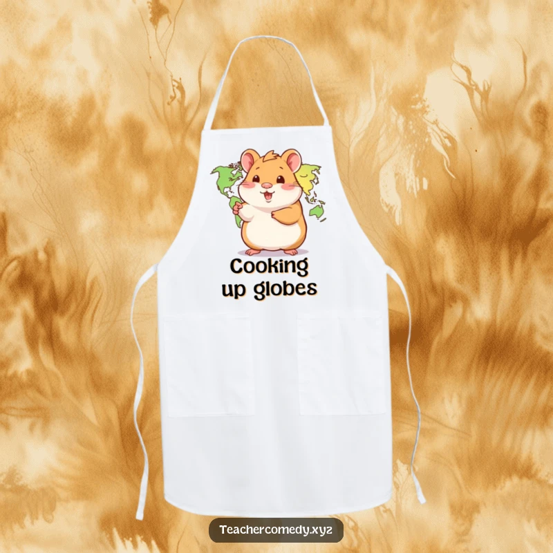 Funny Hamster Apron: A playful hamster points to a world map, a cute and functional apron for culinary journeys near and far.