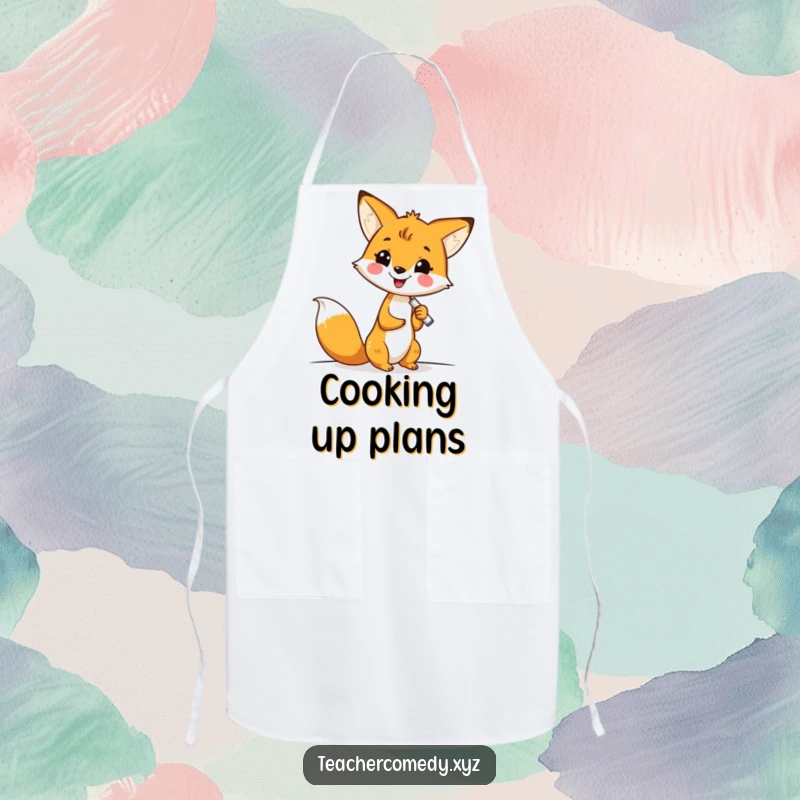 Funny kawaii fox diligently writing on a whiteboard, ready to cook up a storm, a humorous and practical apron for the kitchen.