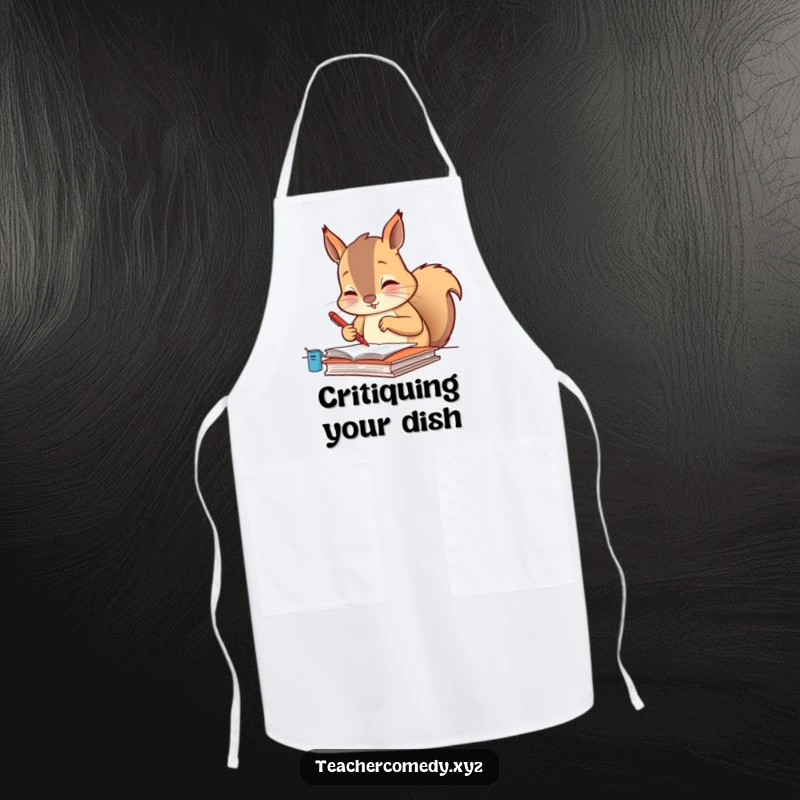 Funny apron with a diligent squirrel meticulously grading papers with a tiny red pen, ready for humorous kitchen tasks.