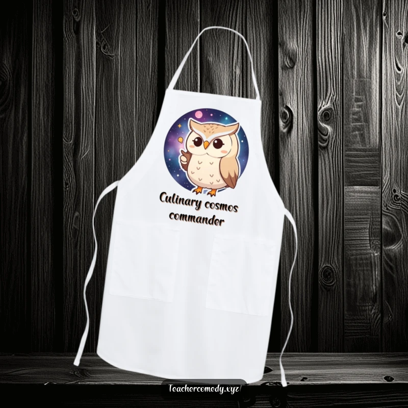 Funny Huffy Owl Apron: A grumpy owl points at a galaxy map, a humorous kitchen accessory.