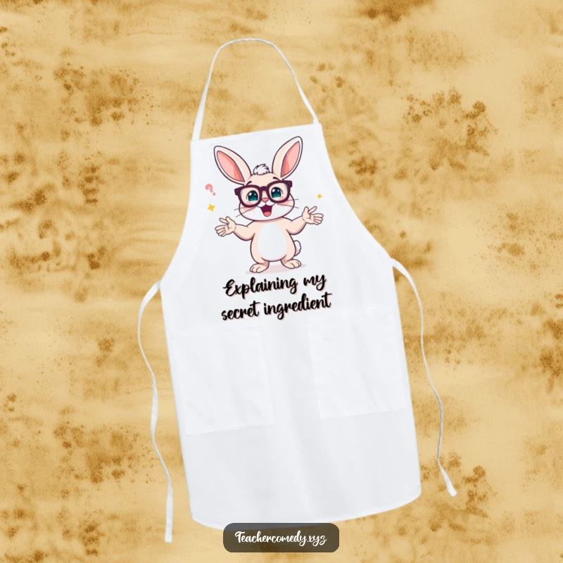 Funny apron with a bunny in spectacles, wildly gesturing while explaining a recipe, perfect for a humorous cook.