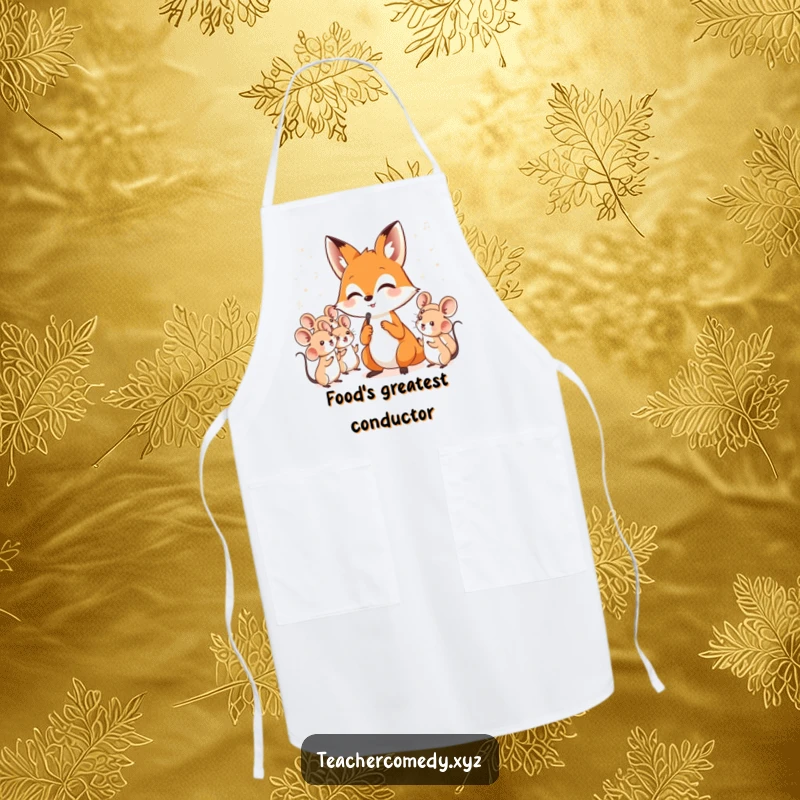 Funny apron featuring a clever fox maestro passionately conducting a choir of happy, singing mice, perfect for kitchen entertainment.