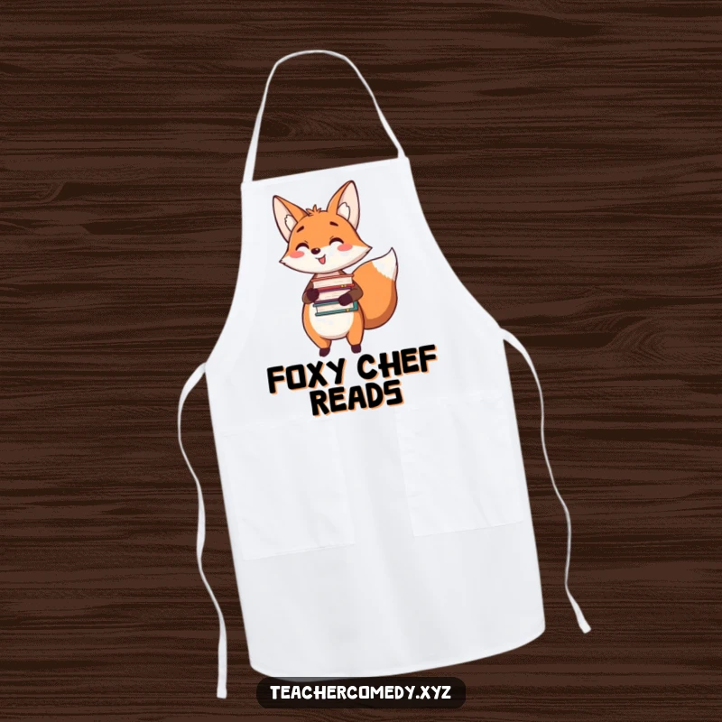 Funny apron featuring a happy fox holding a stack of books and pointing, designed for cooks with a love for literature.