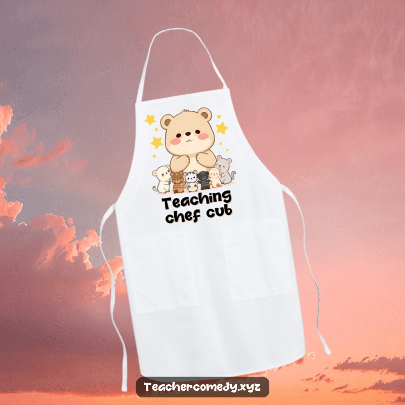 Funny apron depicting a chubby bear cub teaching smaller animals to count stars, perfect for adding humor to culinary adventures.