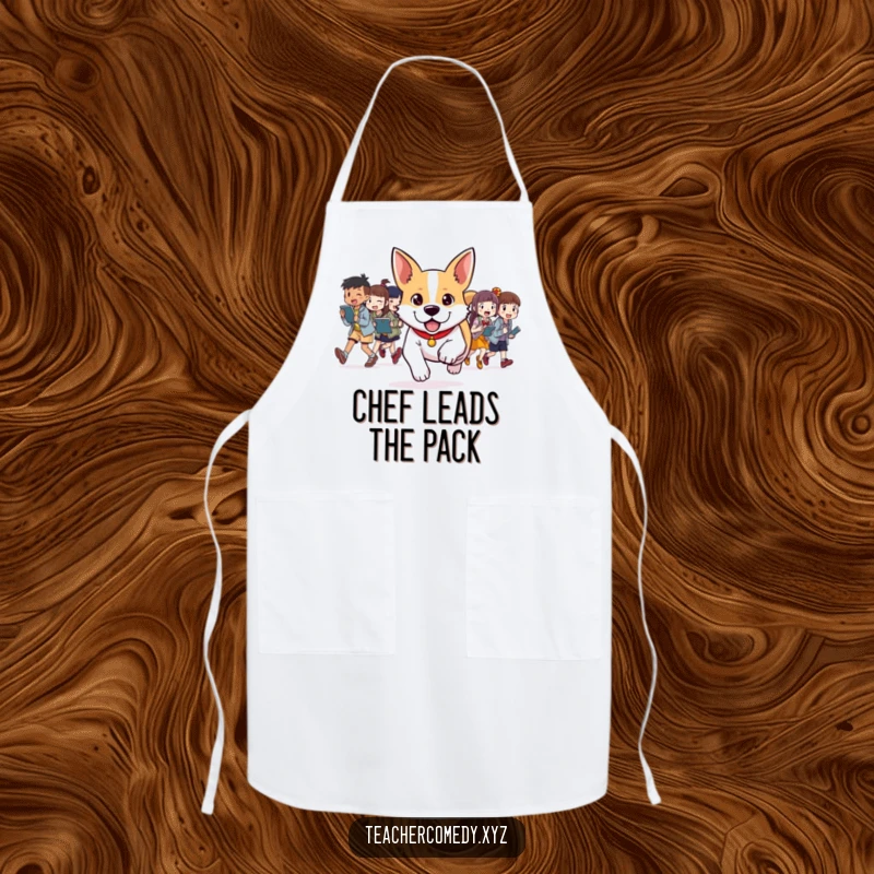 Funny apron showing a determined dog leading young chefs in a fun activity, symbolizing leadership and kitchen camaraderie.