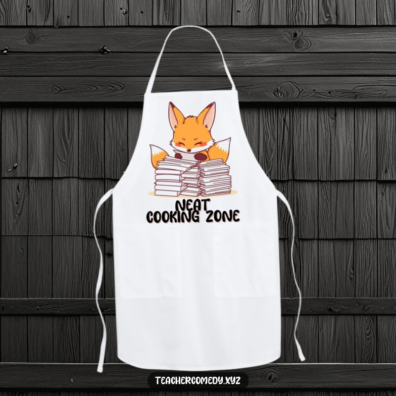 Funny fox apron with a determined fox organizing papers, perfect for cooking, baking, or kitchen organization.