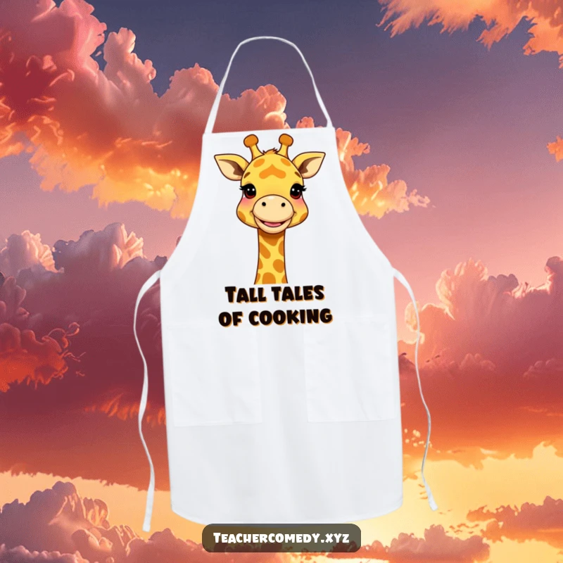 Funny Giraffe Teaching Apron: A smiling giraffe using its long neck to explain a concept, ideal for kitchen or classroom settings.