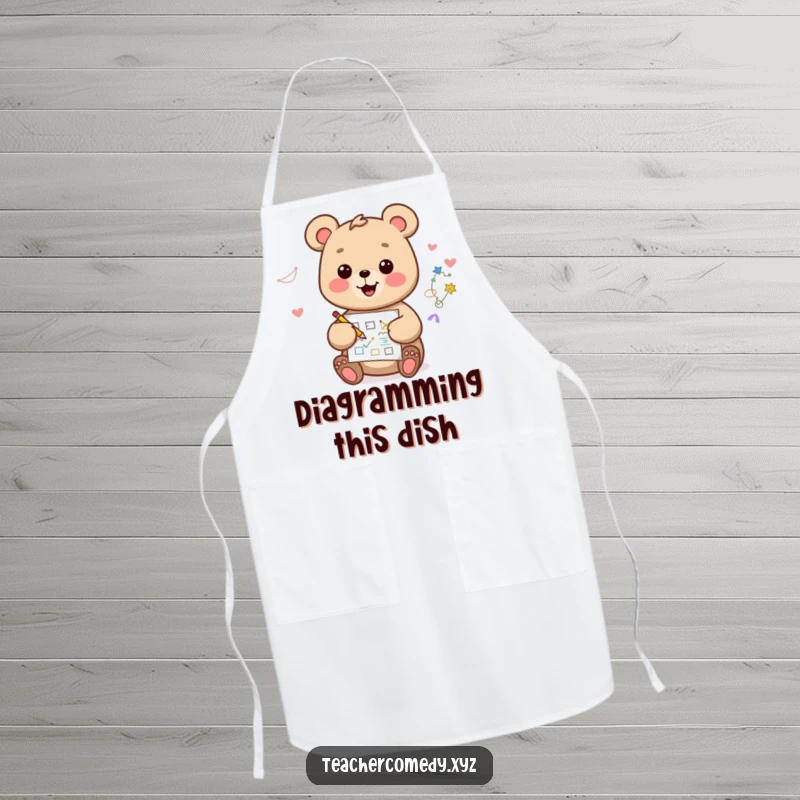 Funny kawaii bear apron, happy and artistic, drawing a diagram, ideal for kitchen creativity and protection.