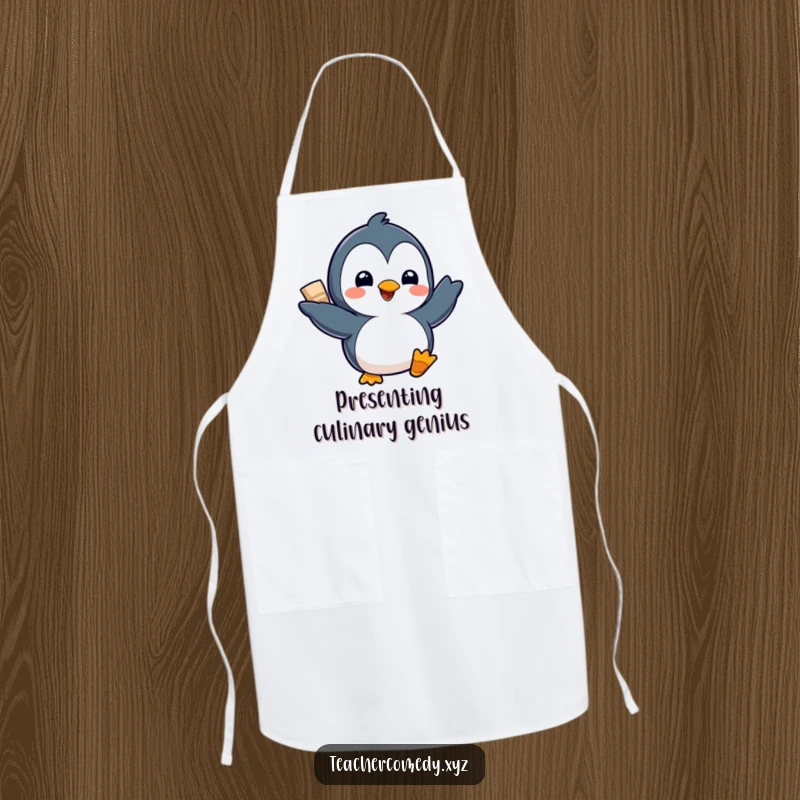 Funny Kawaii Penguin Apron: A delighted penguin presents a culinary project with a flourish, ready to protect your clothes with funny style.
