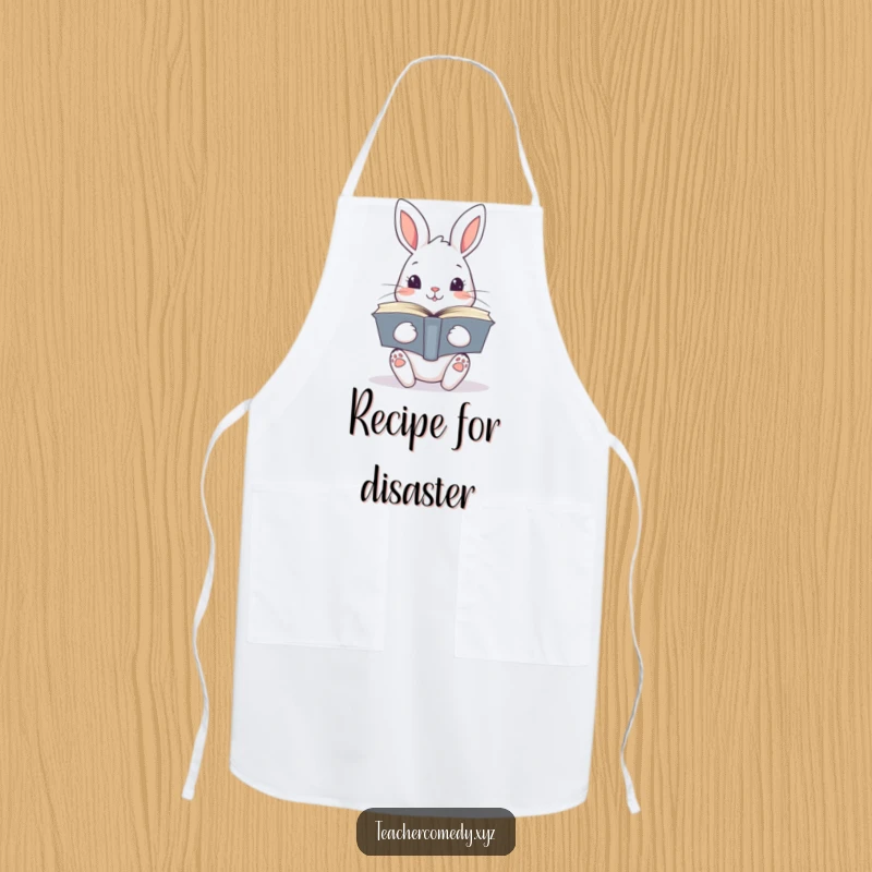 Funny kawaii rabbit holding a stack of open books, bringing a literary and humorous touch to any kitchen, a practical apron.