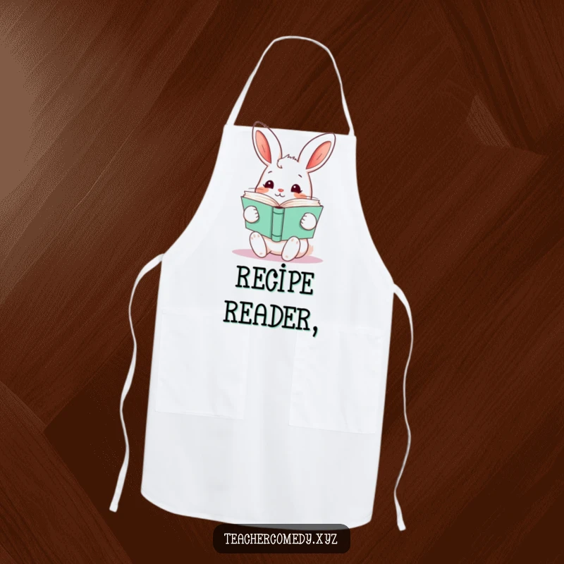 Funny kawaii rabbit holding a stack of open books, a humorous apron for readers and kitchen activities.