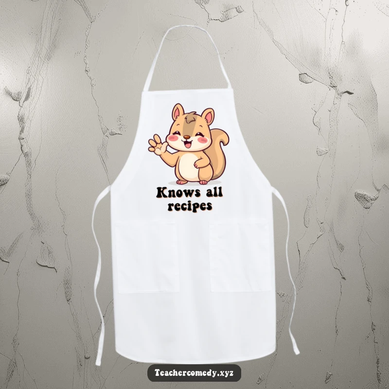 Funny kawaii squirrel apron, beaming and cute, with a paw raised to answer, adding a touch of fun to cooking.