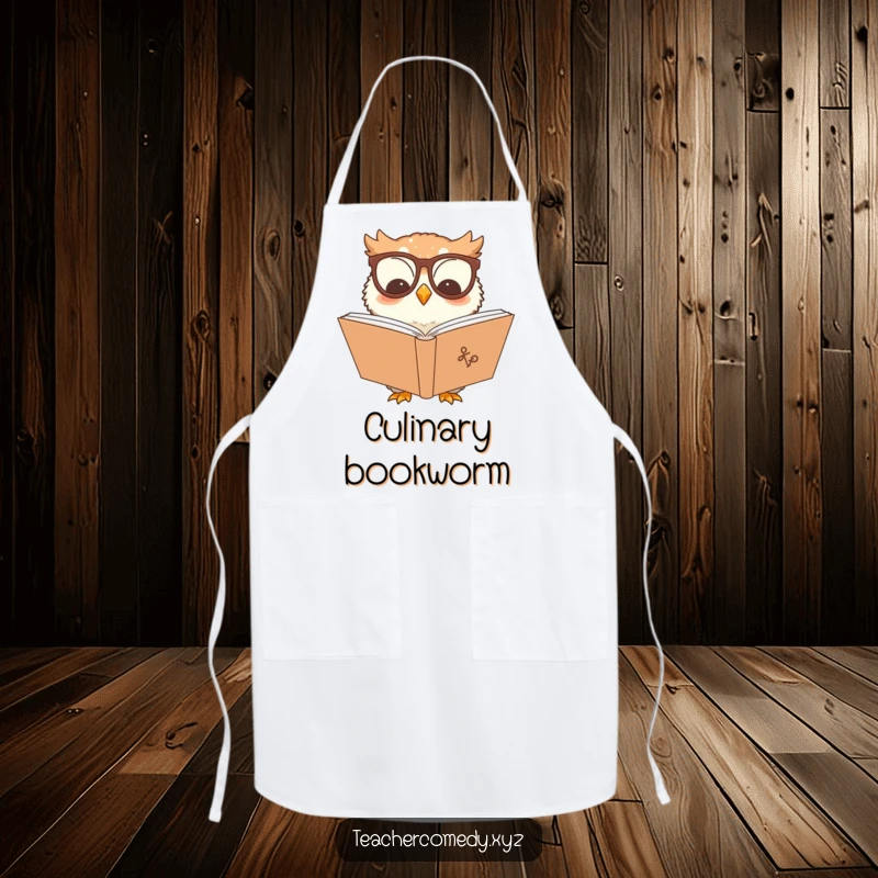 Funny owl character apron, a wise owl with glasses reading a book, adding humor and practicality to kitchen tasks.