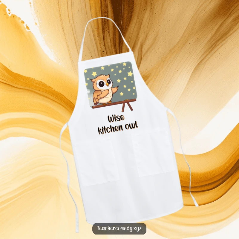 Funny apron depicting a wise owl pointing at a star-covered blackboard, perfect for adding humor and inspiration to cooking.