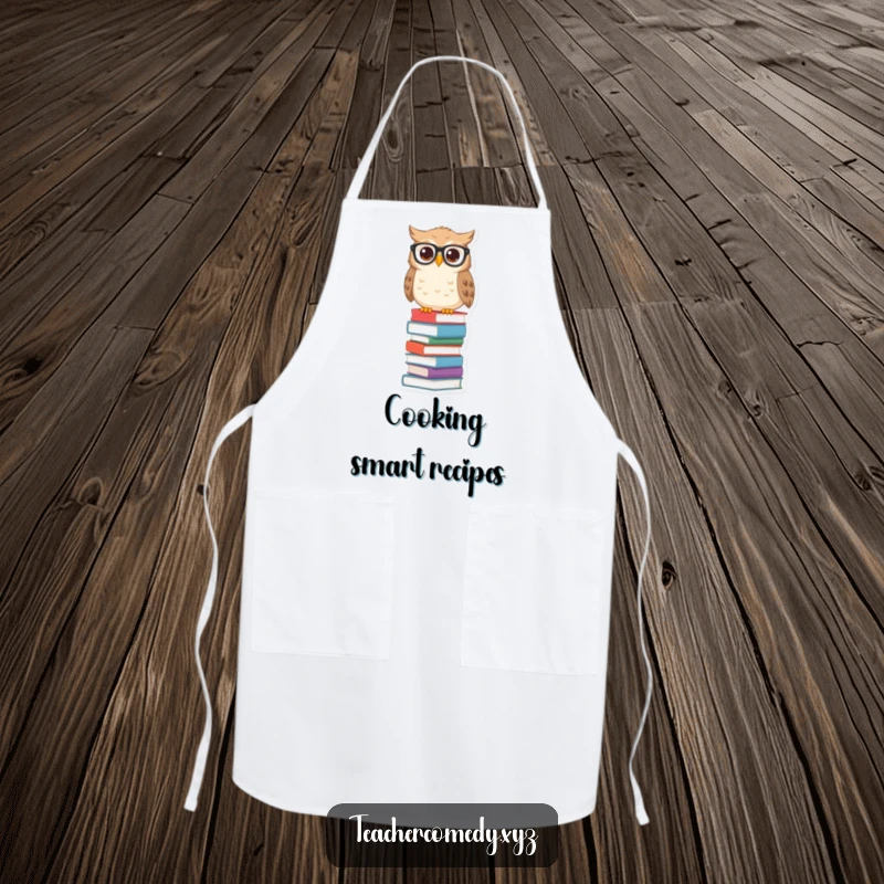 Funny owl apron with spectacles on a tall stack of books, perfect for cooking, baking, or kitchen study sessions.