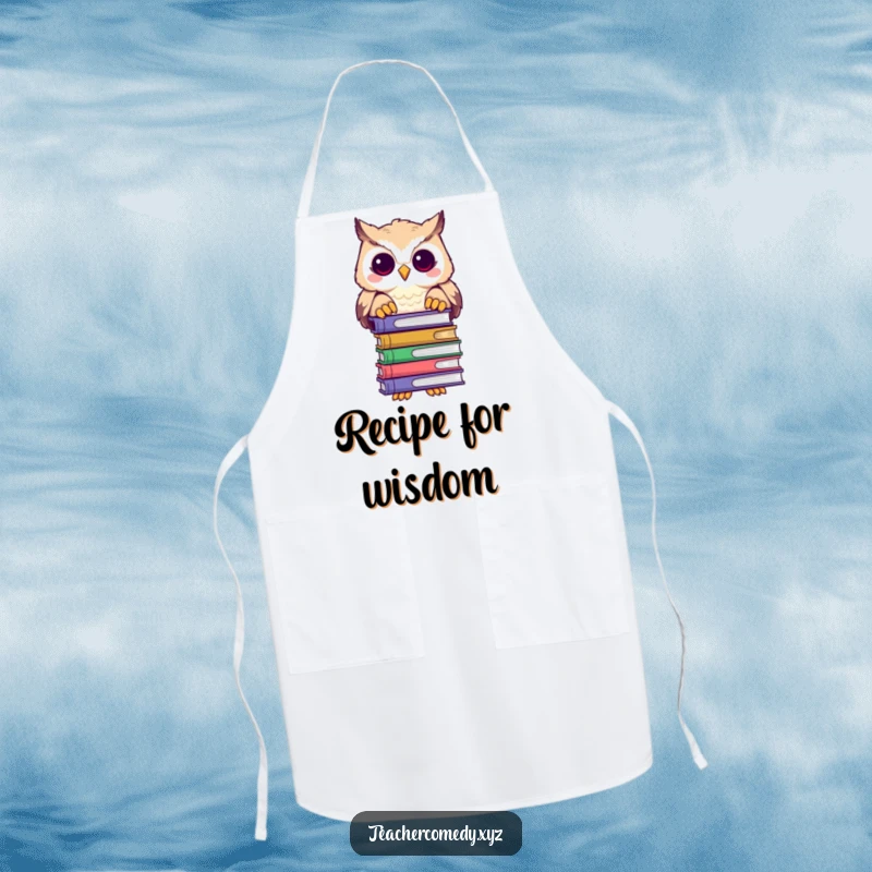 Funny apron with a wise owl wearing a chef hat, holding a stack of cookbooks and peering over them.