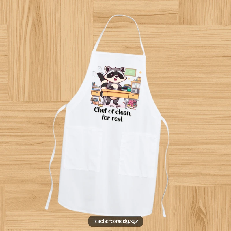 Funny Raccoon Apron: A triumphant raccoon is shown tidying a messy kitchen, a humorous cooking accessory.