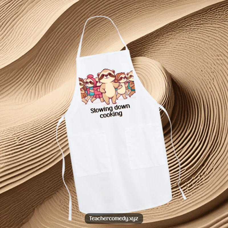 Funny Sloth Apron: A serene sloth leads a class in a slow march, a cute and functional apron for culinary endeavors requiring patience.