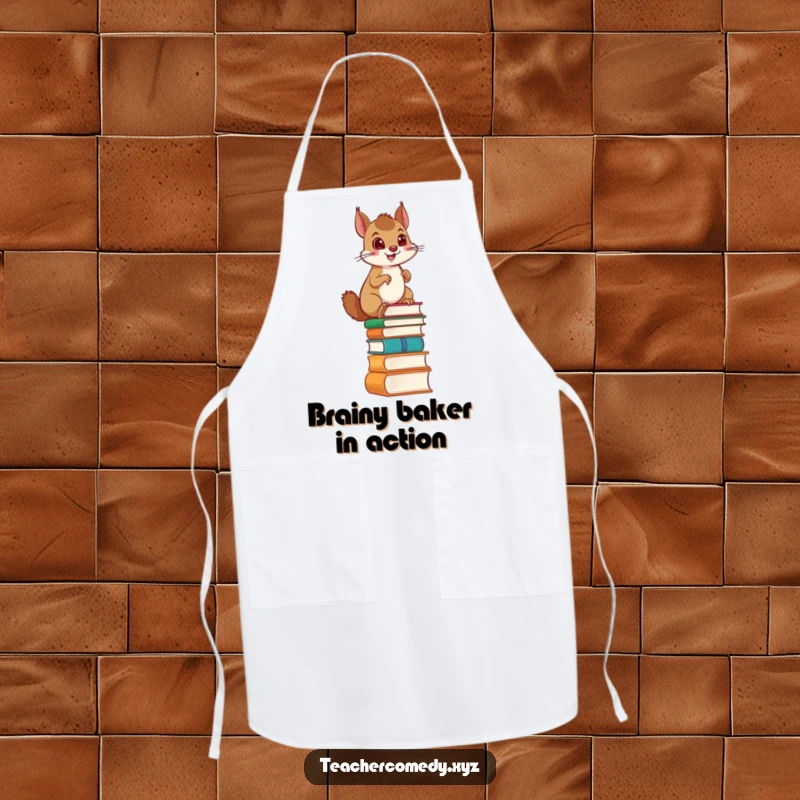 Funny apron showing a proud squirrel determinedly climbing a ladder made of cookbooks, symbolizing culinary achievement and kitchen humor.
