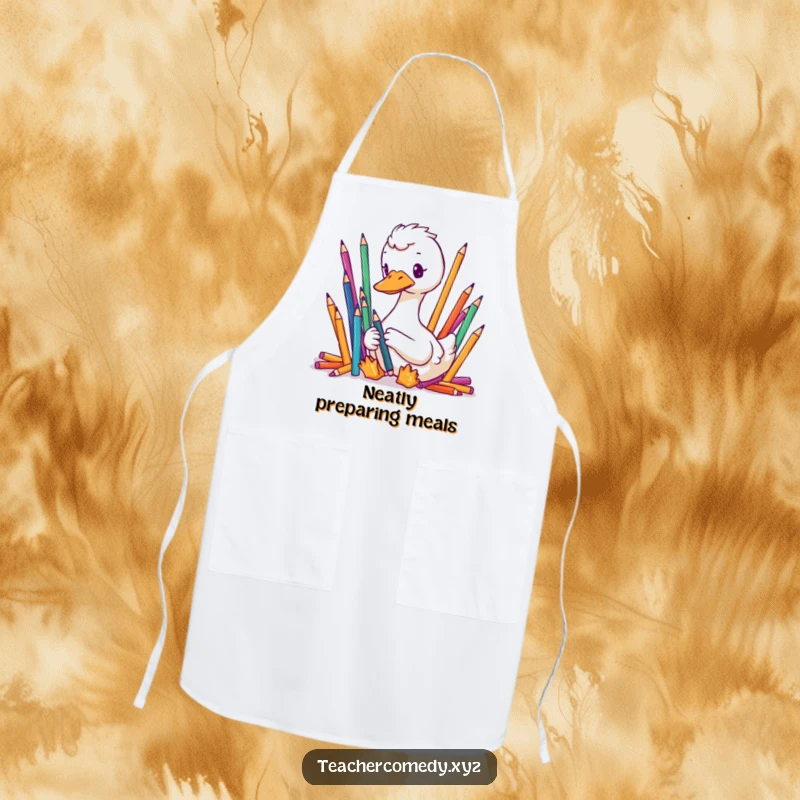 Funny apron with a focused goose meticulously organizing colorful pencils, bringing humorous order to the kitchen.