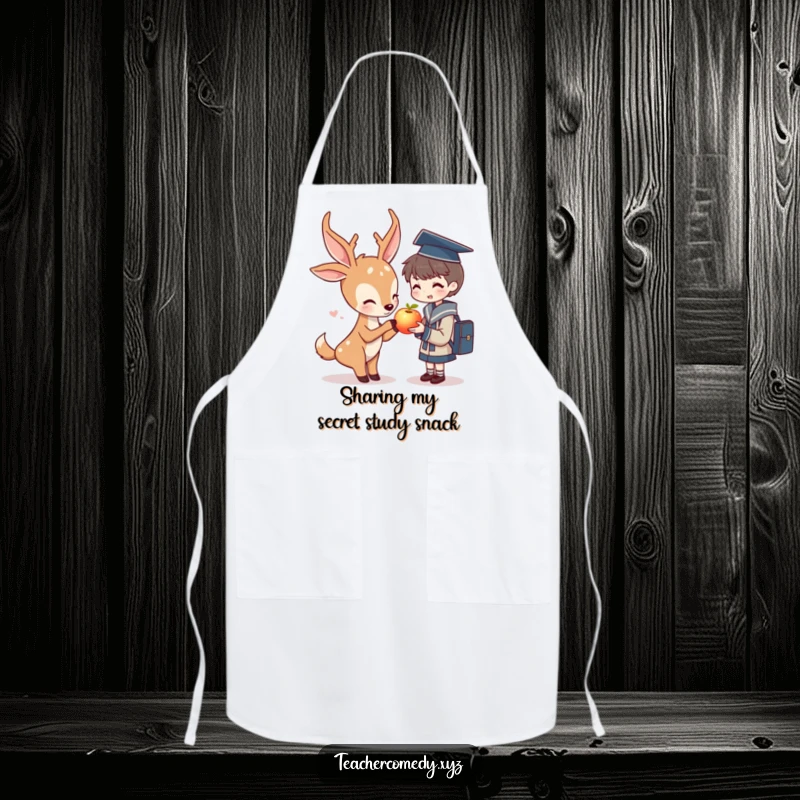 Funny apron art: a deer character bestows a glowing apple upon a student, celebrating nourishment and educational sharing.