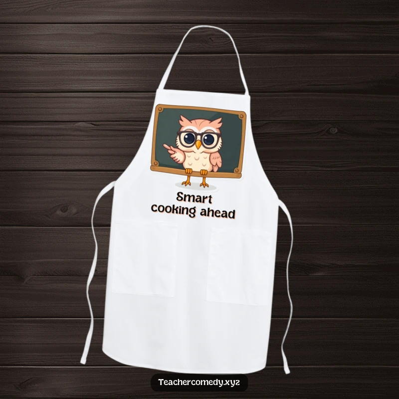 Funny owl apron depicting a smart owl with spectacles pointing to a chalkboard, ideal for a humorous cooking experience.