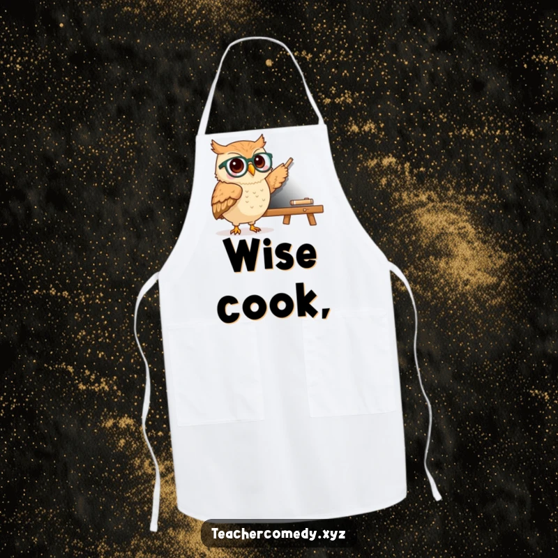 Funny kawaii owl wearing spectacles pointing to a chalkboard, a humorous apron for teachers and educators.