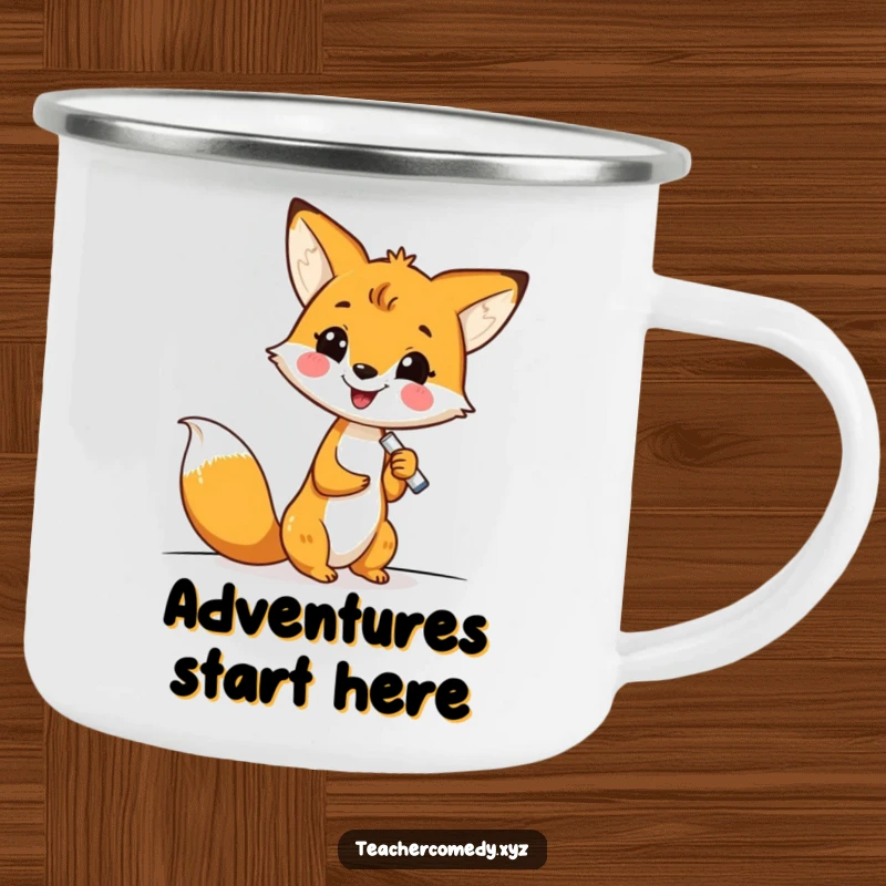 Funny kawaii fox writing on a whiteboard, ready for adventure, a durable and humorous camping mug for outdoor enthusiasts.