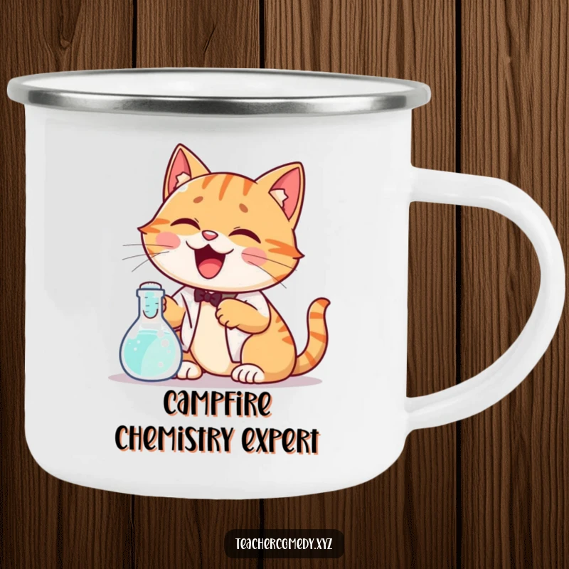 Funny camping mug with a giggling cat demonstrating a science experiment with a bubbling beaker, ideal for outdoor adventures and enjoying beverages.