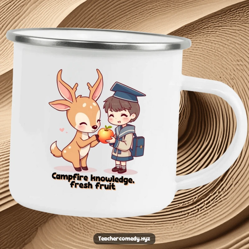 Funny camping mug: a gentle deer gifts a luminous apple to a student, embodying nature's wisdom and shared journeys.