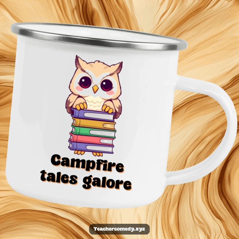 Funny enamel camping mug with a wise owl character holding a stack of books and peering over them, ready for adventure.