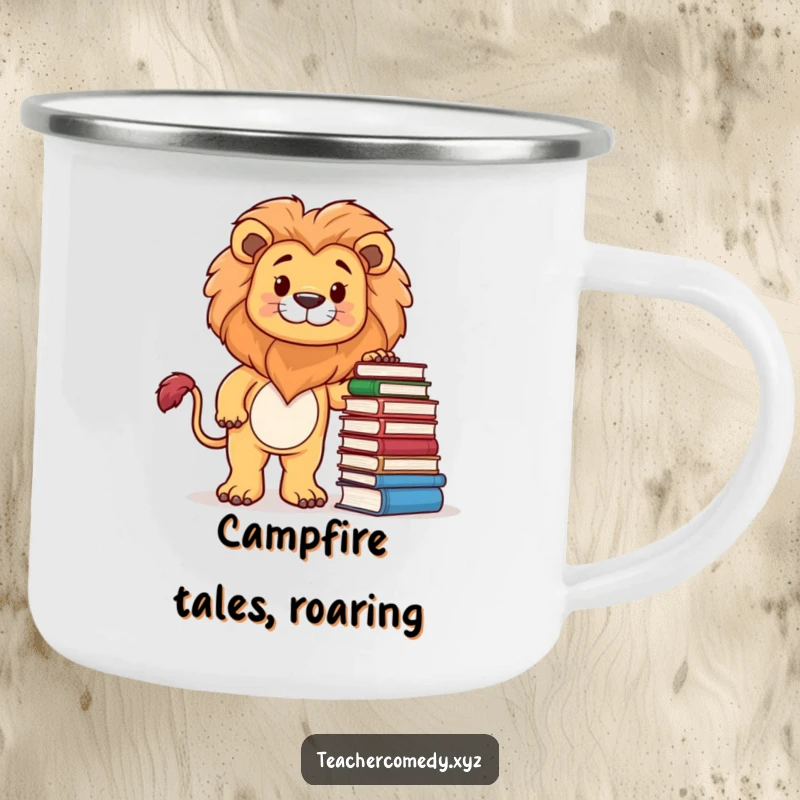 Funny camping mug featuring a proud lion character and books, perfect for outdoor intellectuals and humorous reading sessions.