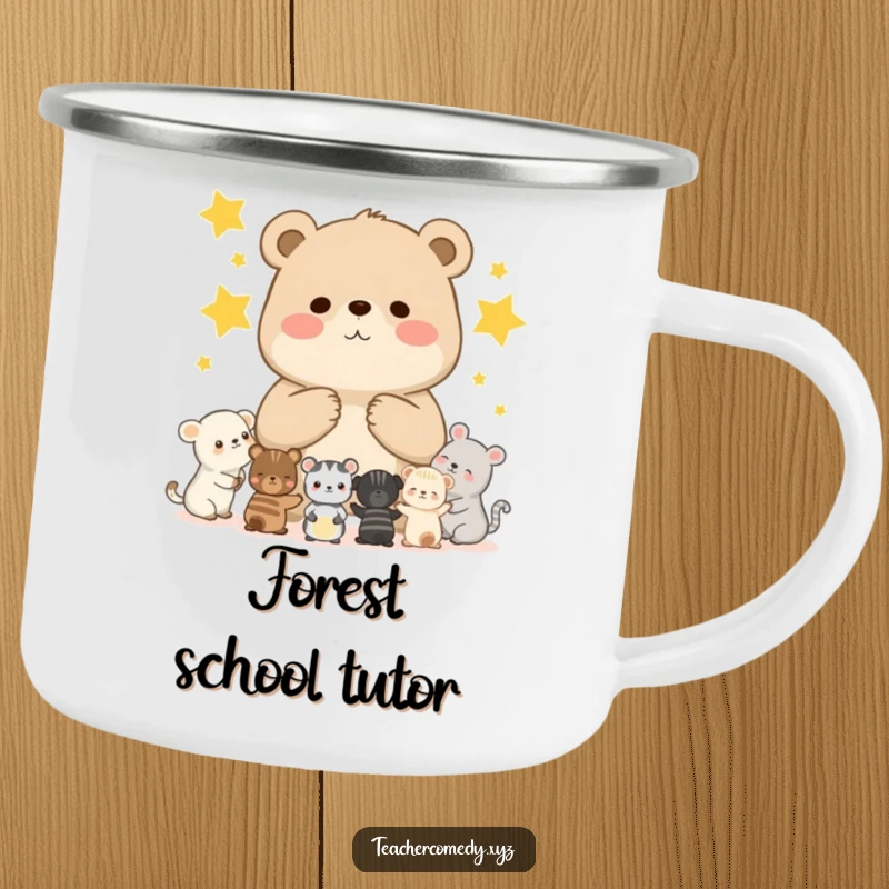 Funny camping mug showing a chubby bear cub teaching animals to count stars, perfect for enjoying drinks during outdoor fun.