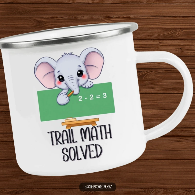 Funny elephant camping mug with a smiling elephant pointing to a math equation, perfect for outdoor enthusiasts and coffee lovers.
