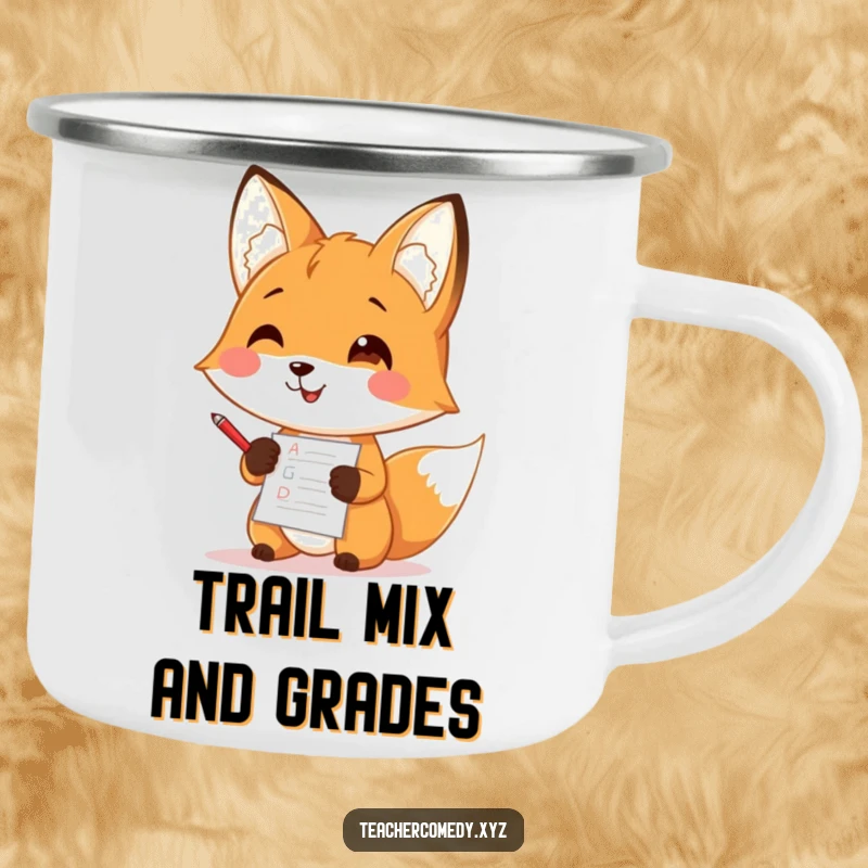 Funny enamel camping mug featuring a happy fox teacher character grading papers with a tiny red pen, built for the outdoors.