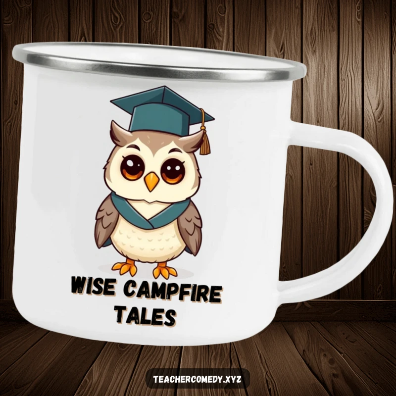 Funny camping mug showing a cheerful owl wearing a graduation cap and gown, designed for durable outdoor study sessions.
