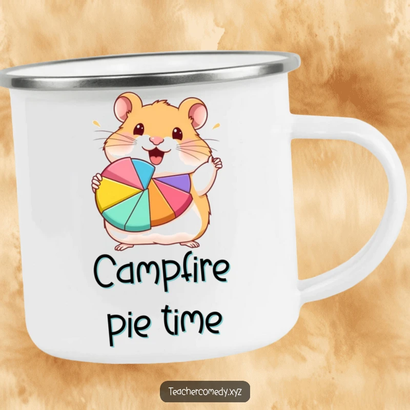 Funny hamster character enthusiastically presenting a colorful pie chart, durable funny camping mug.