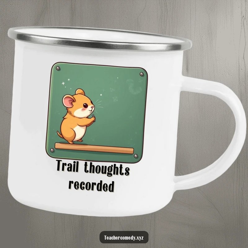 Funny, curious hamster writing on a giant chalkboard with chalk dust, ready for adventure on a durable camping mug.