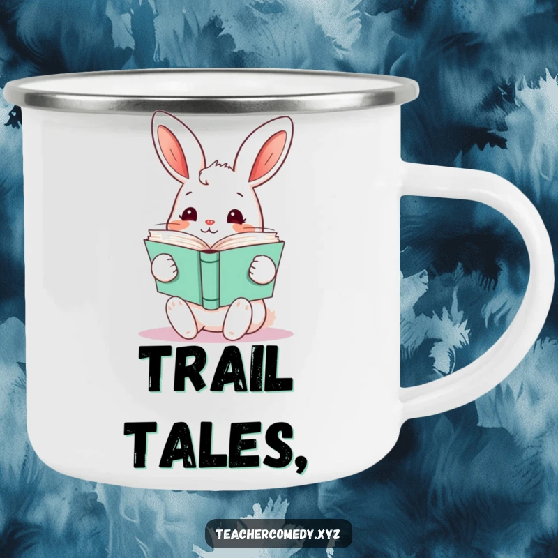 Funny kawaii rabbit holding books on a durable camping mug, perfect for adding literary cheer to outdoor drinks.