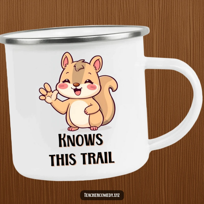 Funny kawaii squirrel camping mug, beaming and cute, with paw raised to answer, durable for outdoor use.