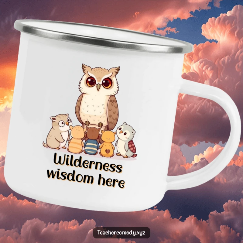 Funny camping mug featuring a wise owl whispering advice to young critters in a forest setting, perfect for outdoor contemplation.