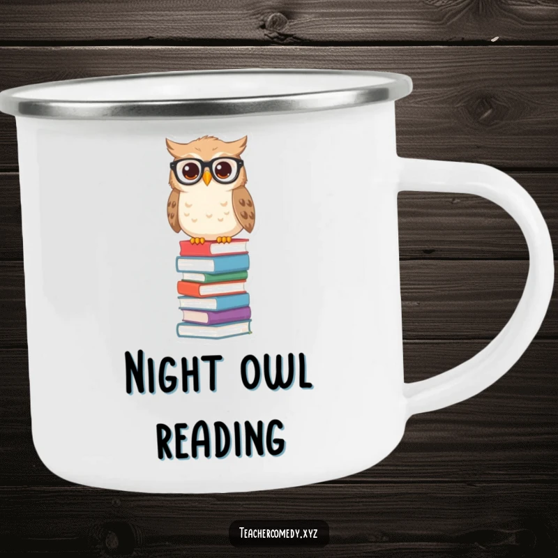 Funny owl camping mug with spectacles on a tall stack of books, perfect for outdoor enthusiasts and book lovers.
