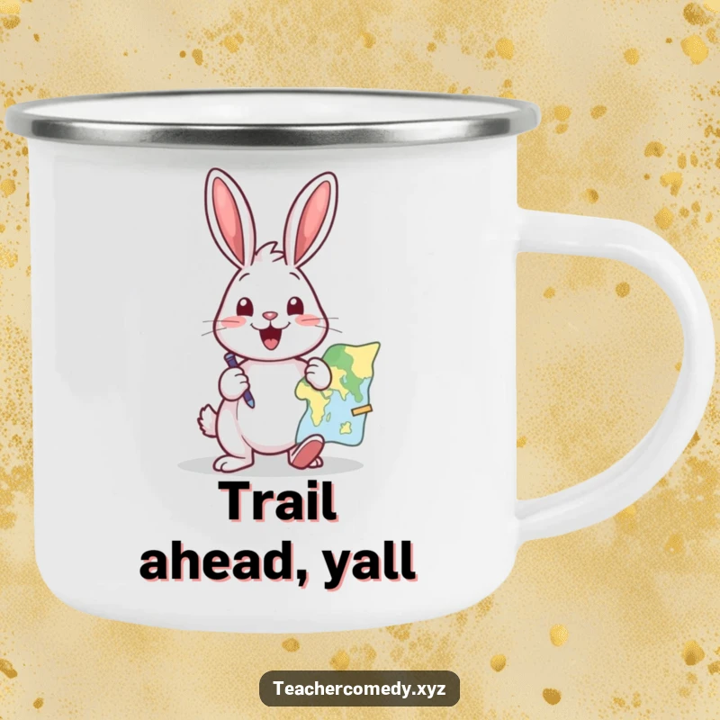 Funny camping mug with a cheerful rabbit energetically pointing at a map with a pointer, ready for humorous exploration.