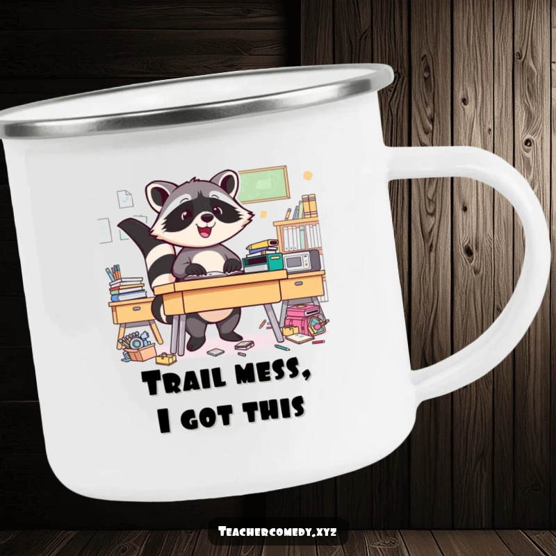 Funny Raccoon Camping Mug: A triumphant raccoon tidies up camp, blending ruggedness with humor.