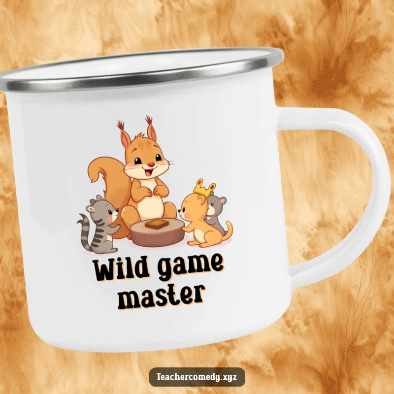 Funny squirrel camping mug with a cheerful squirrel teaching younger animals a game, perfect for outdoor enthusiasts and game lovers.