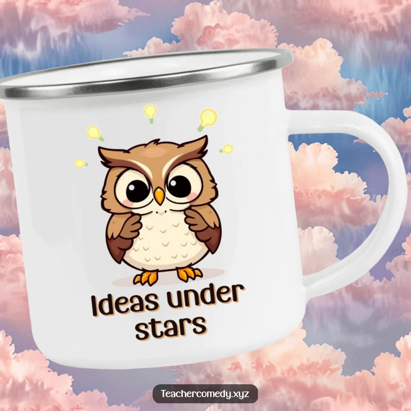 Funny camping mug depicting a wise owl explaining concepts with glowing light bulbs. Ideal for outdoor thought.