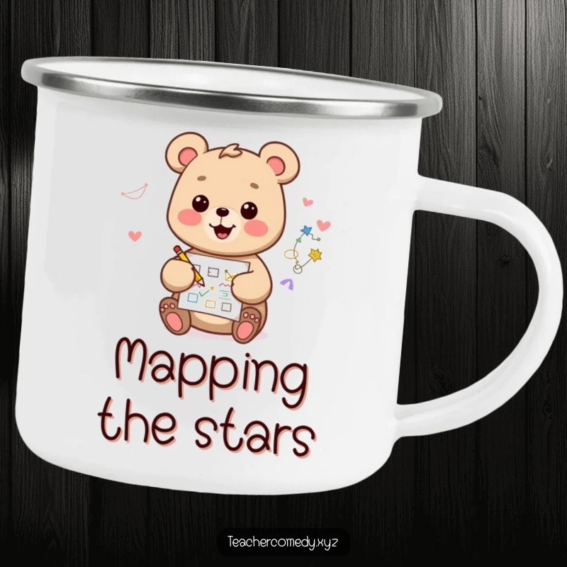 Funny kawaii bear camping mug, happy and artistic, drawing a diagram, durable for outdoor creative sessions.