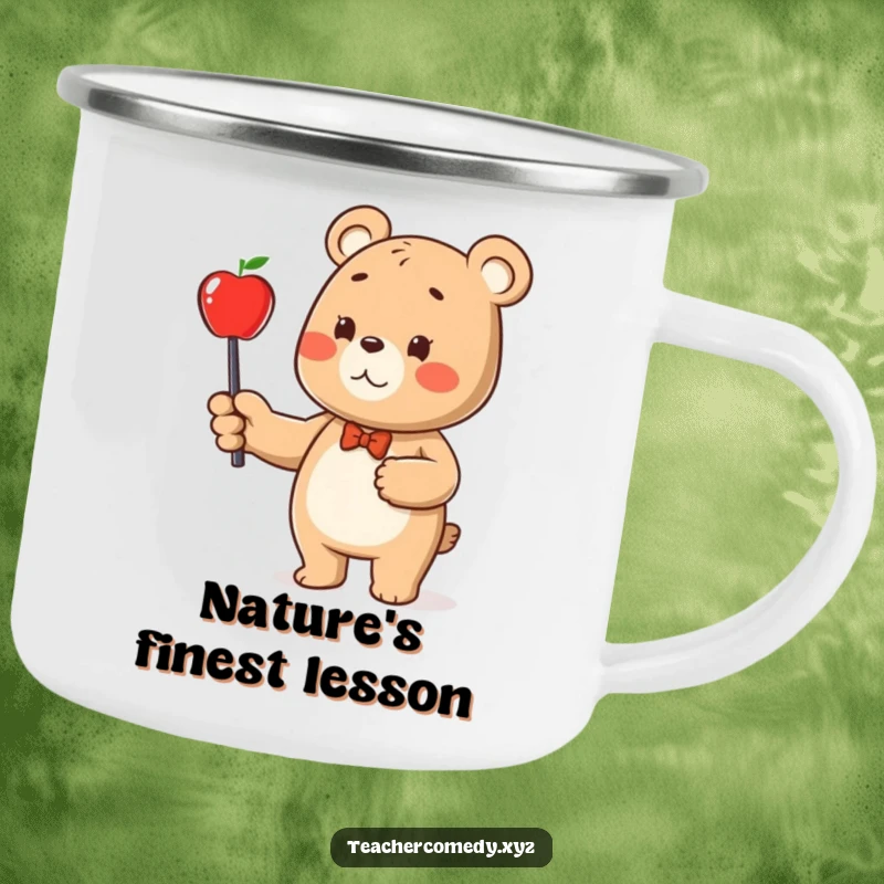 Funny bear character camping mug, a bear pointing a stick at an apple, ideal for enjoying drinks outdoors.